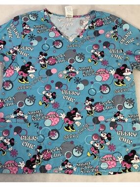 Disney Minnie Mouse Scrub Top - Blue "Geeky Chic"